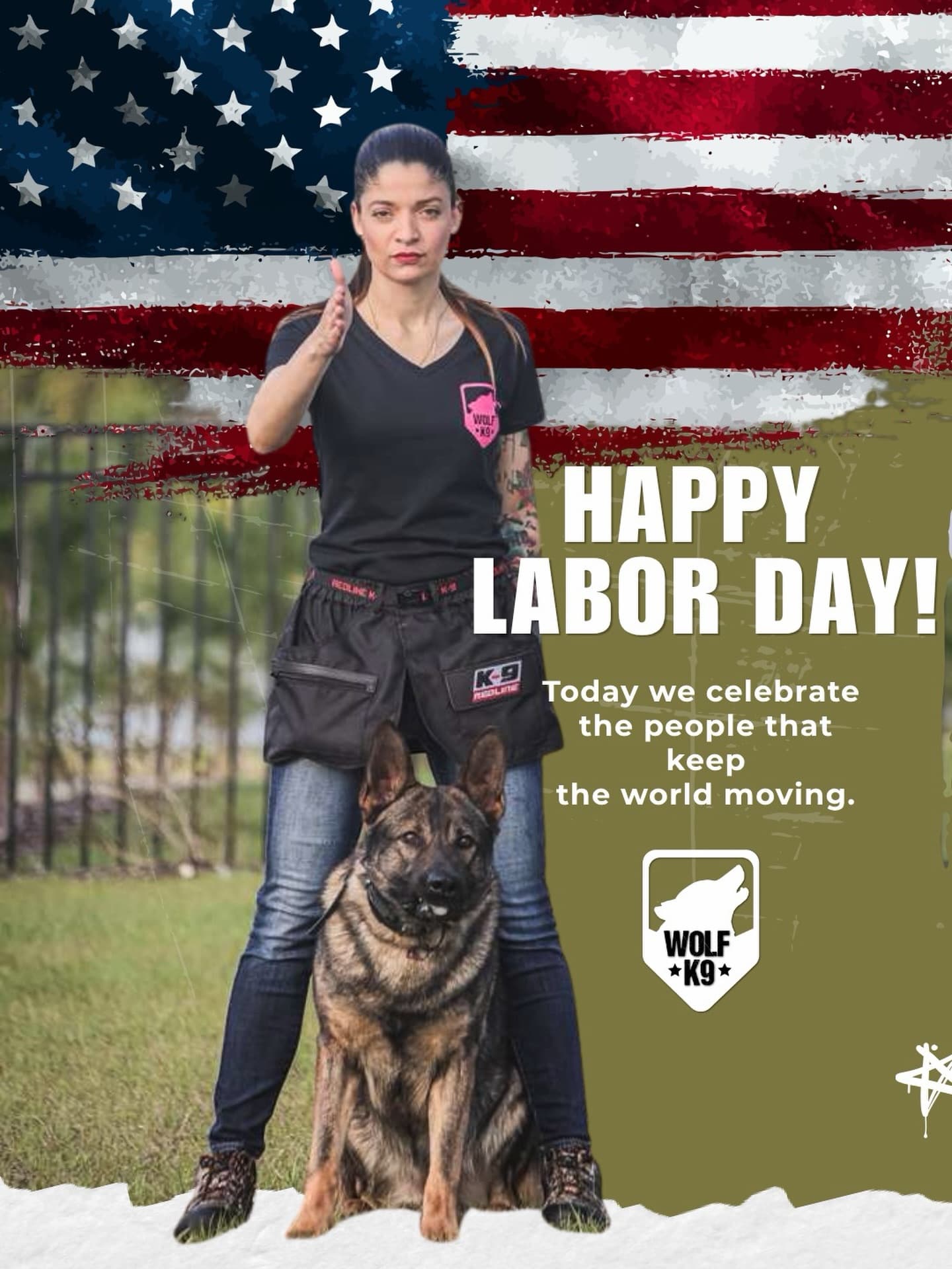 Trainer with a German Shepherd in front of the US flag