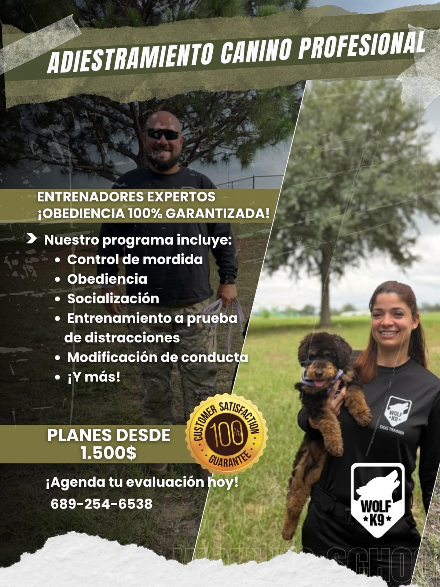 Wolf K9 professional dog training promo featuring José and Johanna, plans from $1,500